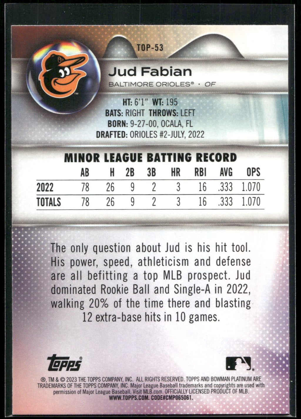 2023 Bowman Platinum #TOP-53 Jud Fabian Top Prospects