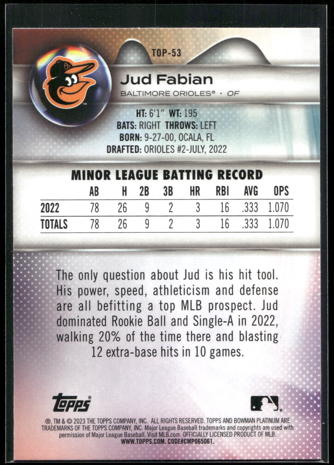 2023 Bowman Platinum #TOP-53 Jud Fabian Top Prospects