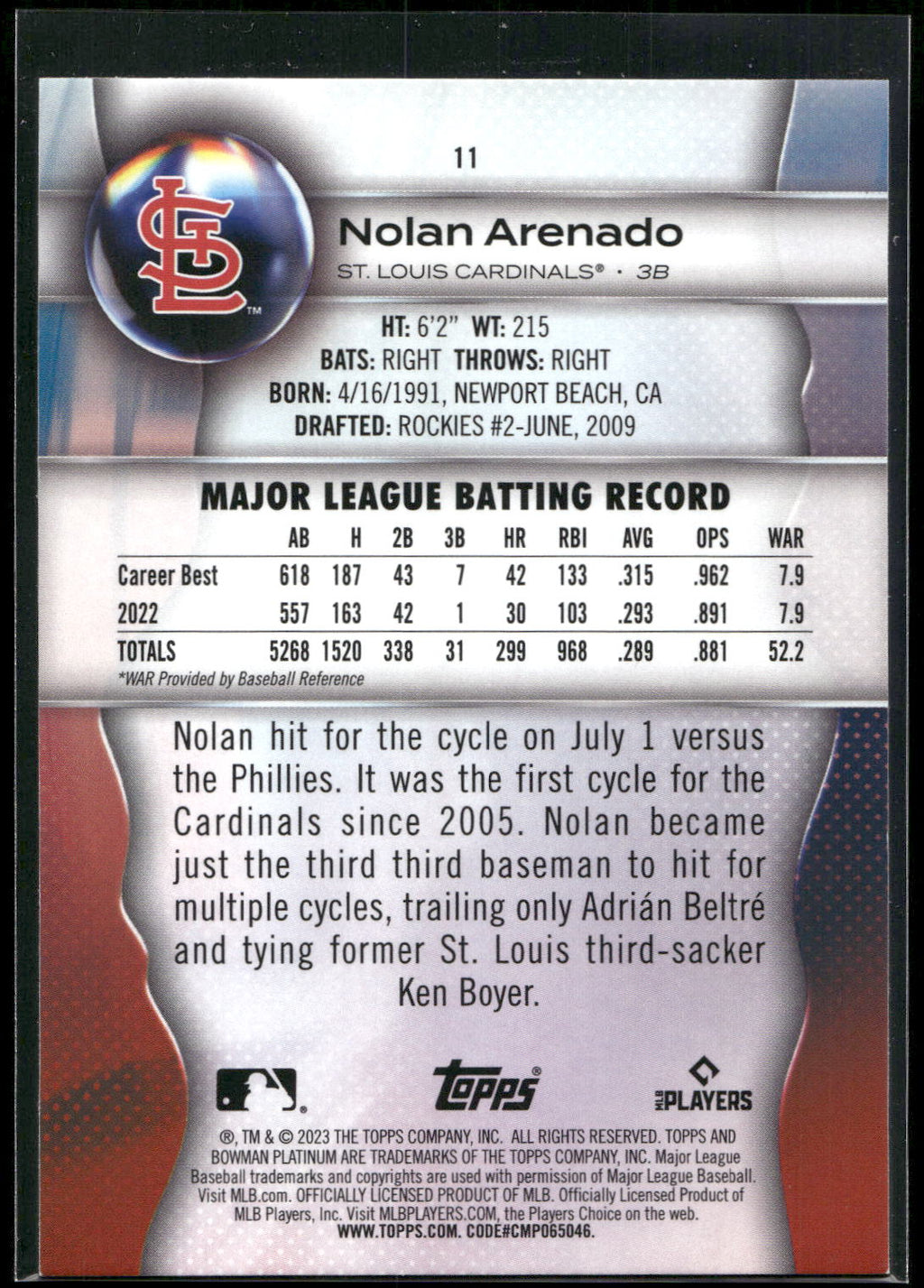2023 Bowman Platinum #11 Nolan Arenado