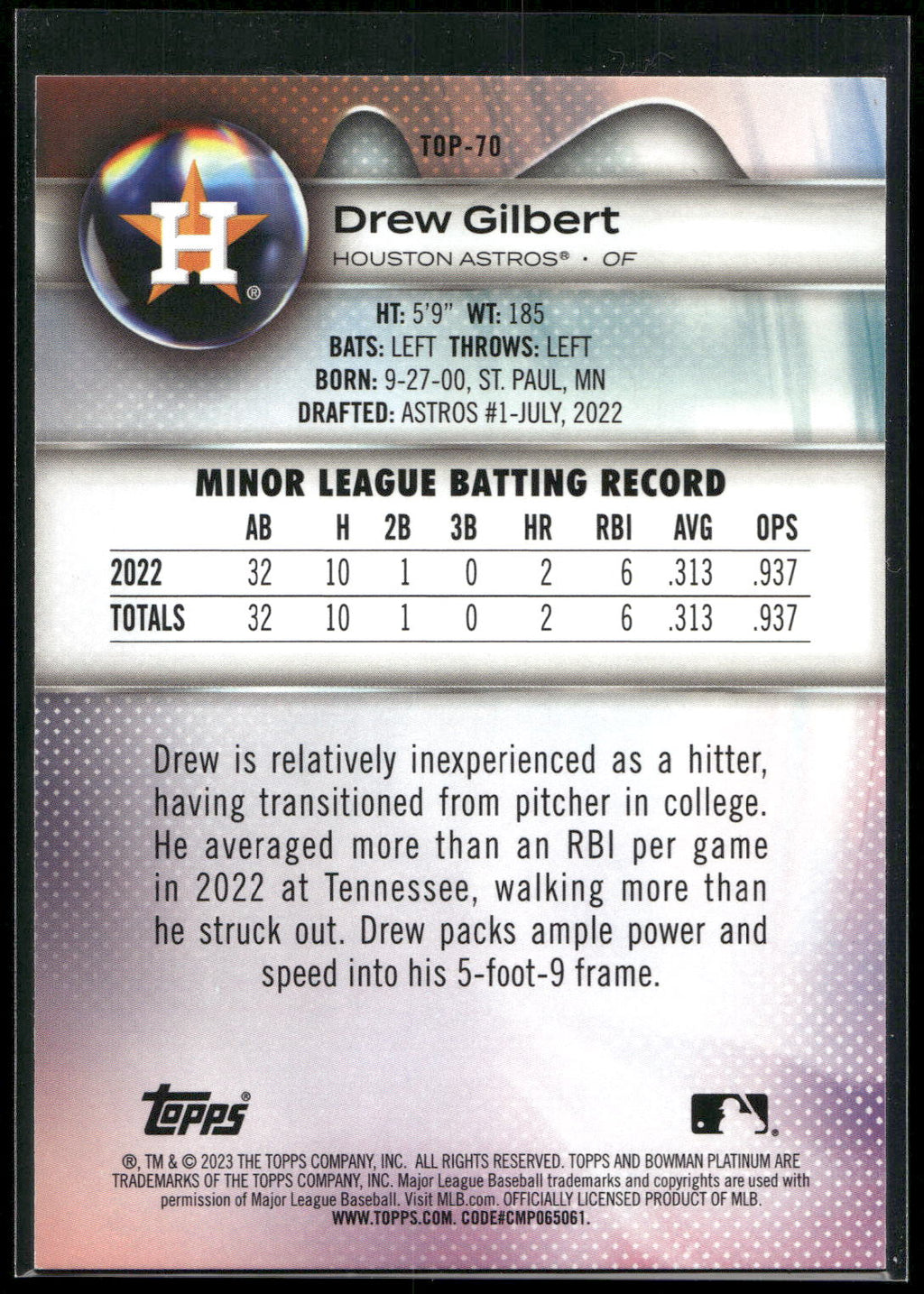 2023 Bowman Platinum #TOP-70 Drew Gilbert Top Prospects