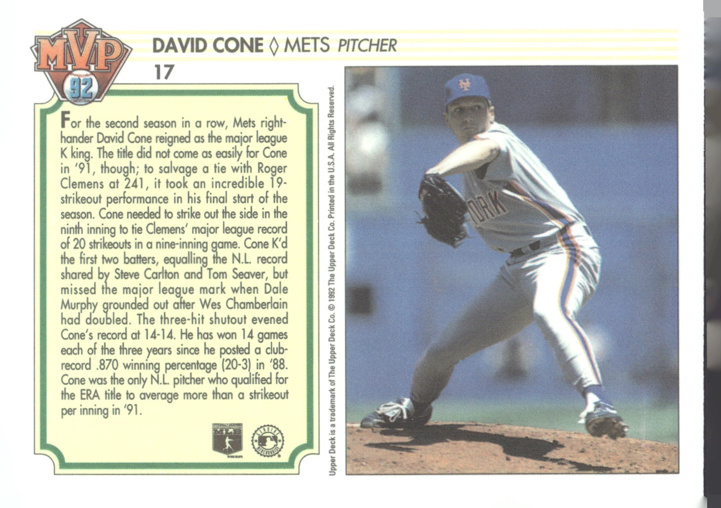 1992 Upper Deck Team MVP Holograms #17 David Cone
