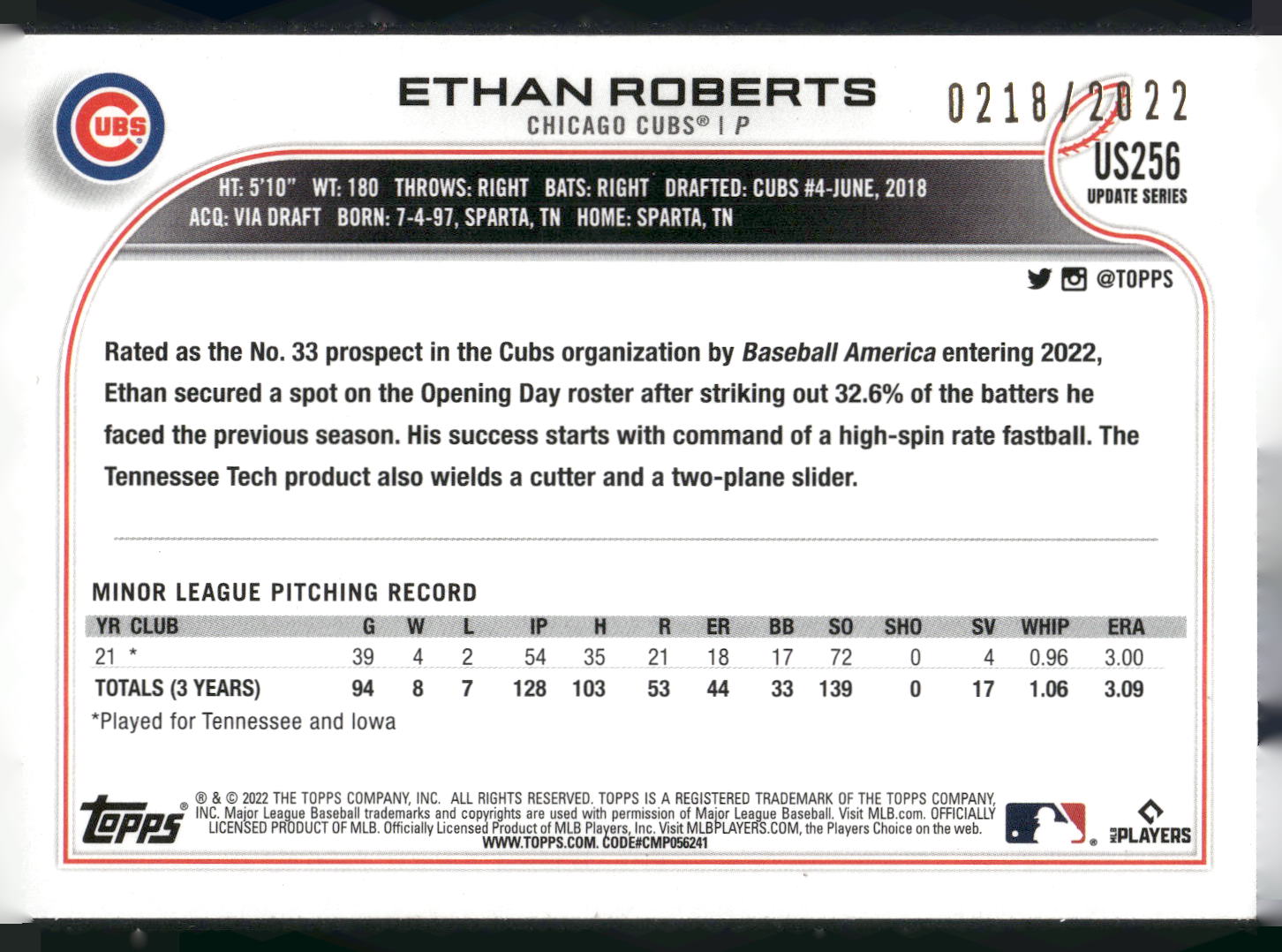 2022 Topps Update #US256 Ethan Roberts Gold #/2022