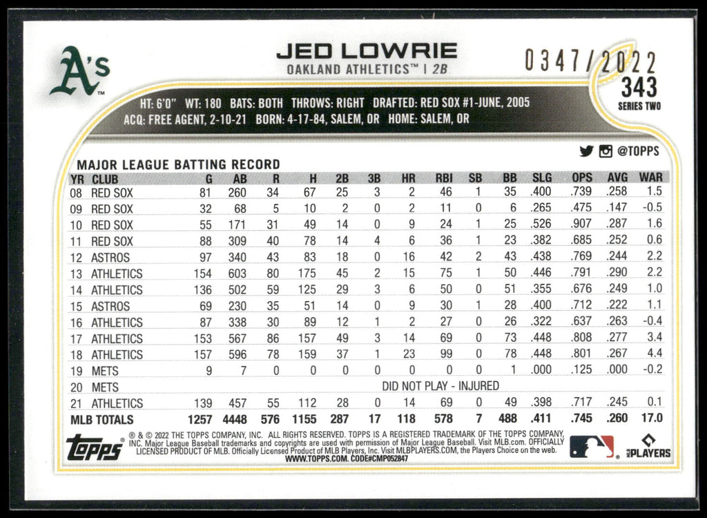 2022 Topps #343 Jed Lowrie Gold #/2022