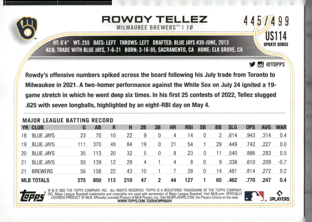 2022 Topps Update #US114 Rowdy Tellez Green Foil #/499