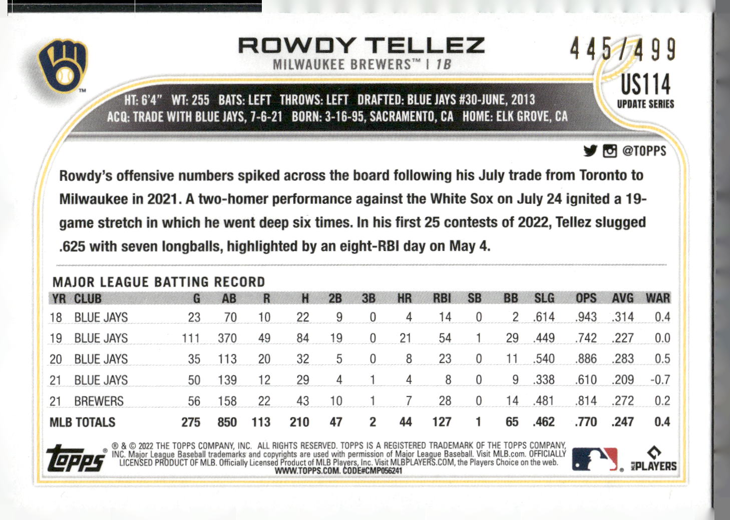 2022 Topps Update #US114 Rowdy Tellez Green Foil #/499