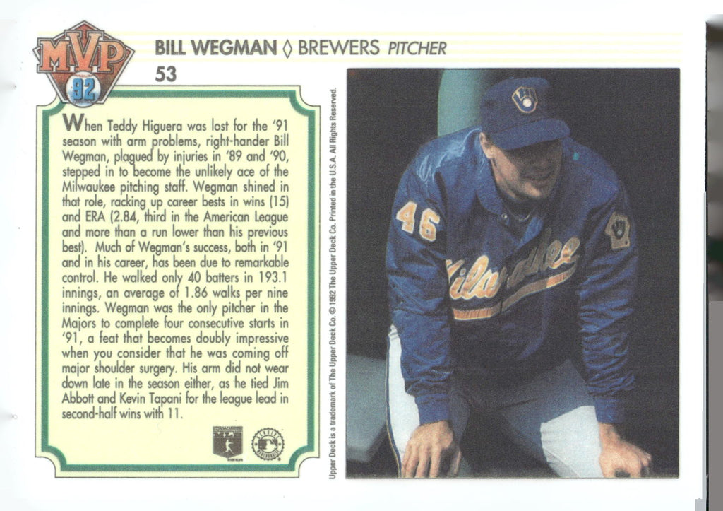 1992 Upper Deck Team MVP Holograms #53 Bill Wegman