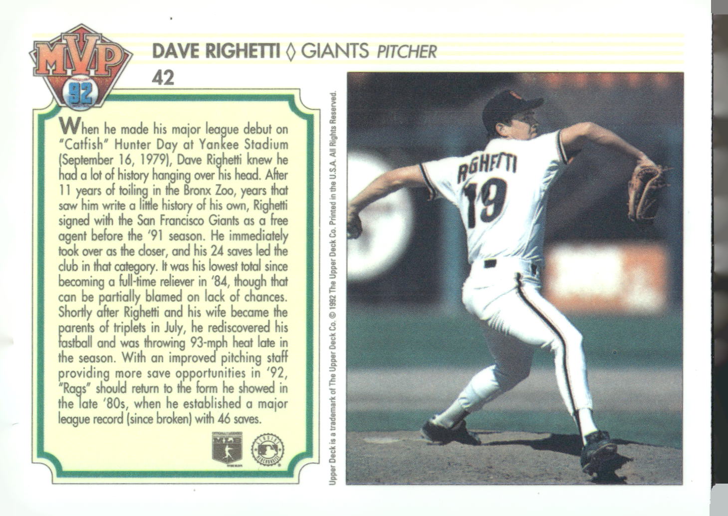 1992 Upper Deck Team MVP Holograms #42 Dave Righetti