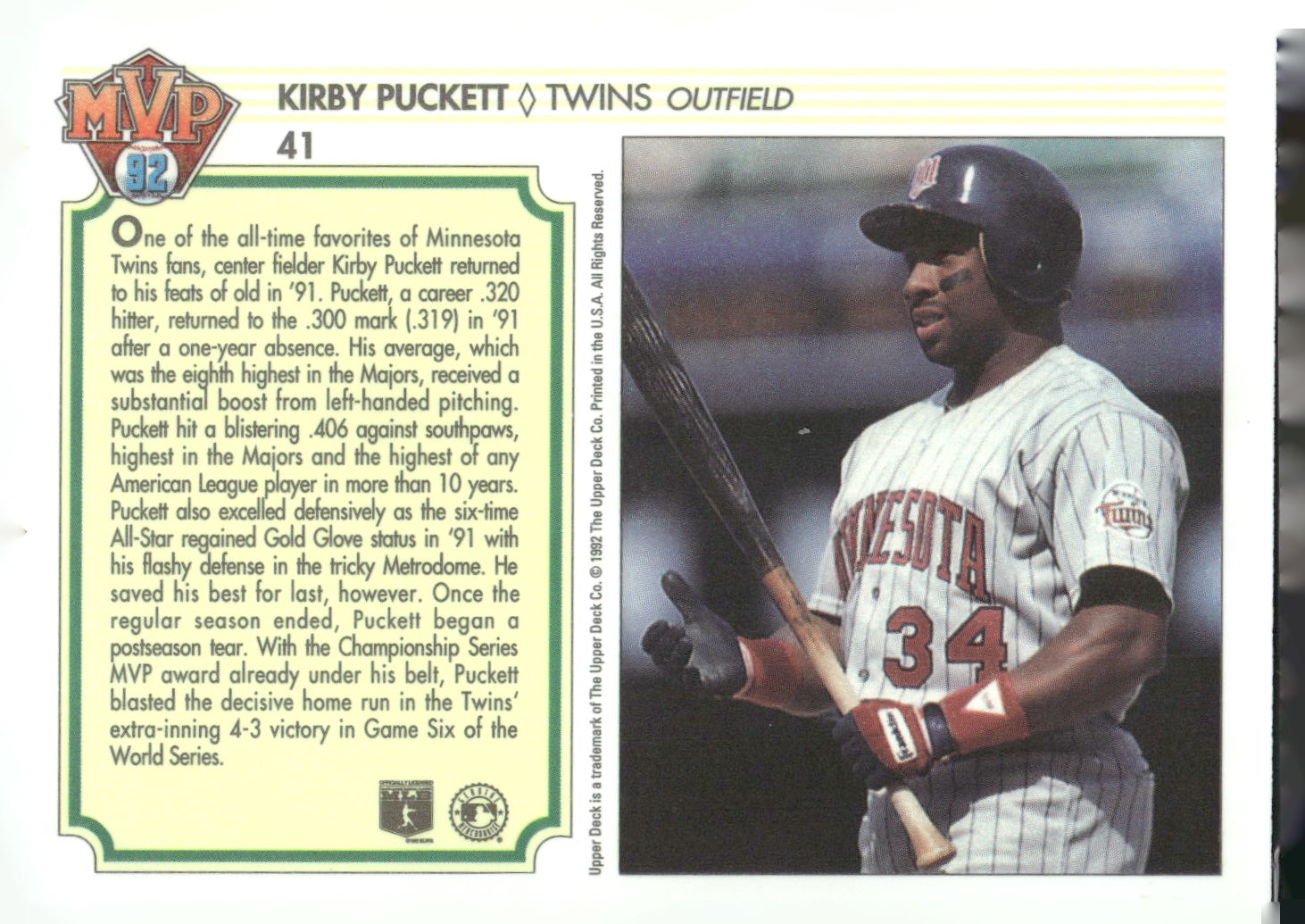 1992 Upper Deck Team MVP Holograms #41 Kirby Puckett