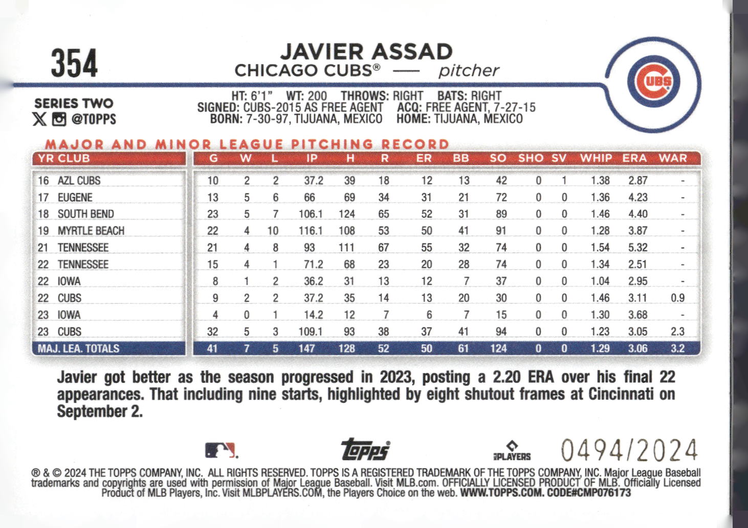 2024 Topps #354 Javier Assad Gold #/2024