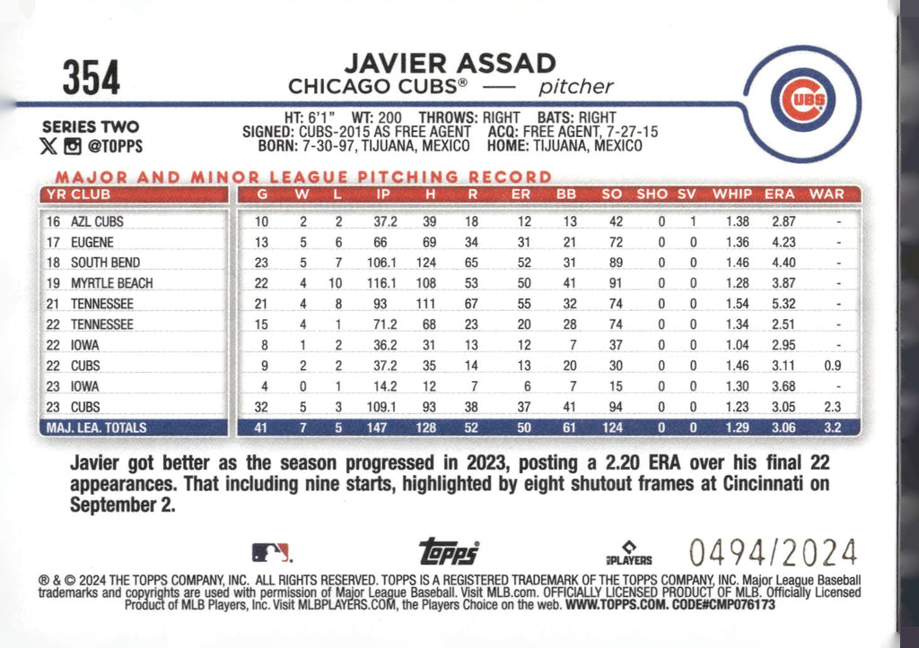2024 Topps #354 Javier Assad Gold #/2024