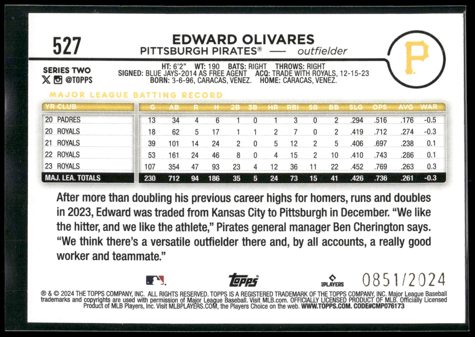 2024 Topps #527 Edward Olivares Gold #/2024