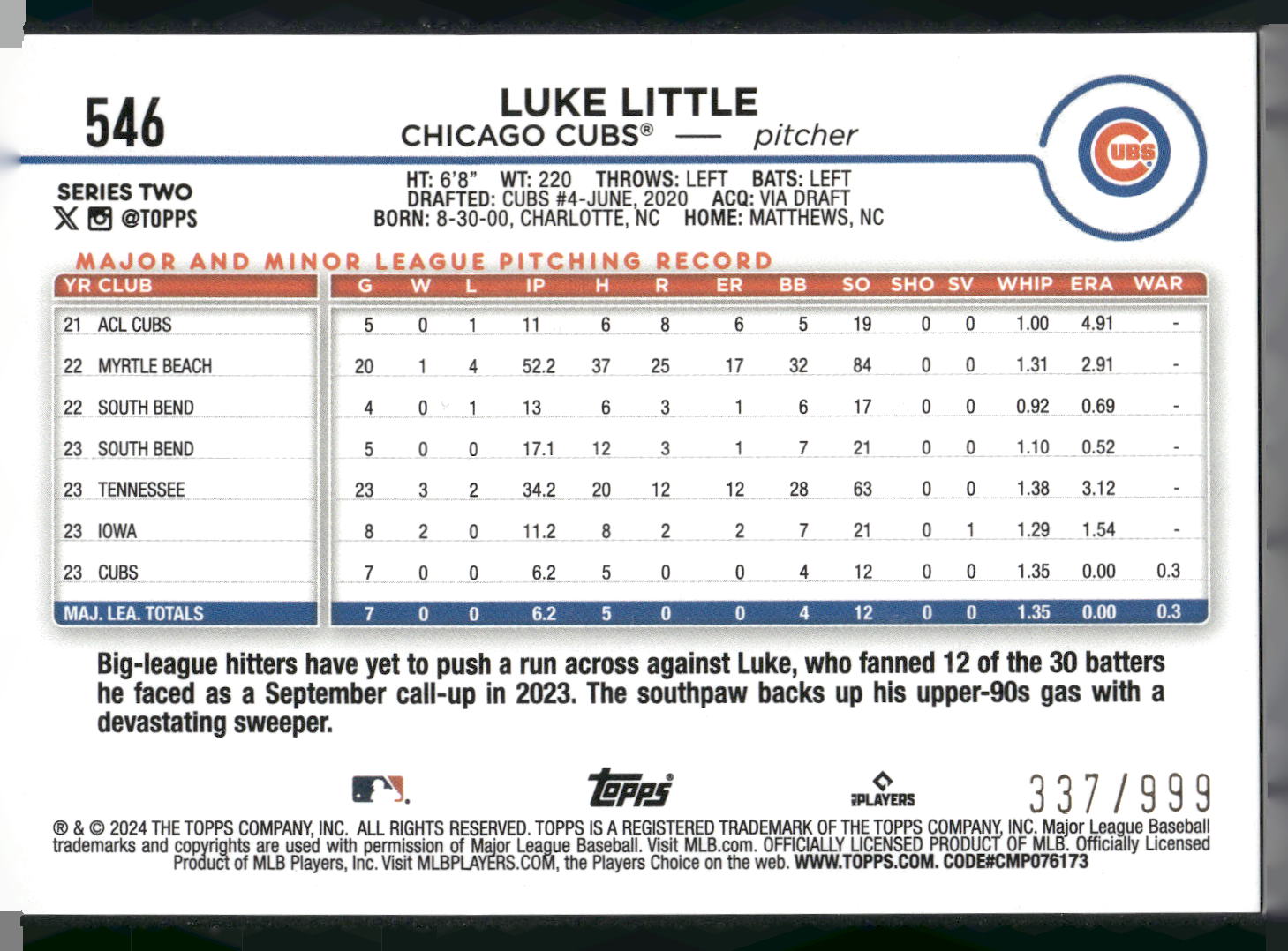 2024 Topps #546 Luke Little Blue Holofoil #/999