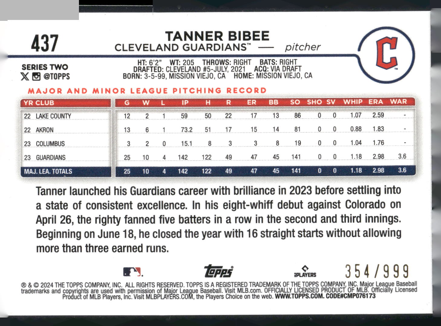 2024 Topps #437 Tanner Bibee Blue Holofoil #/999