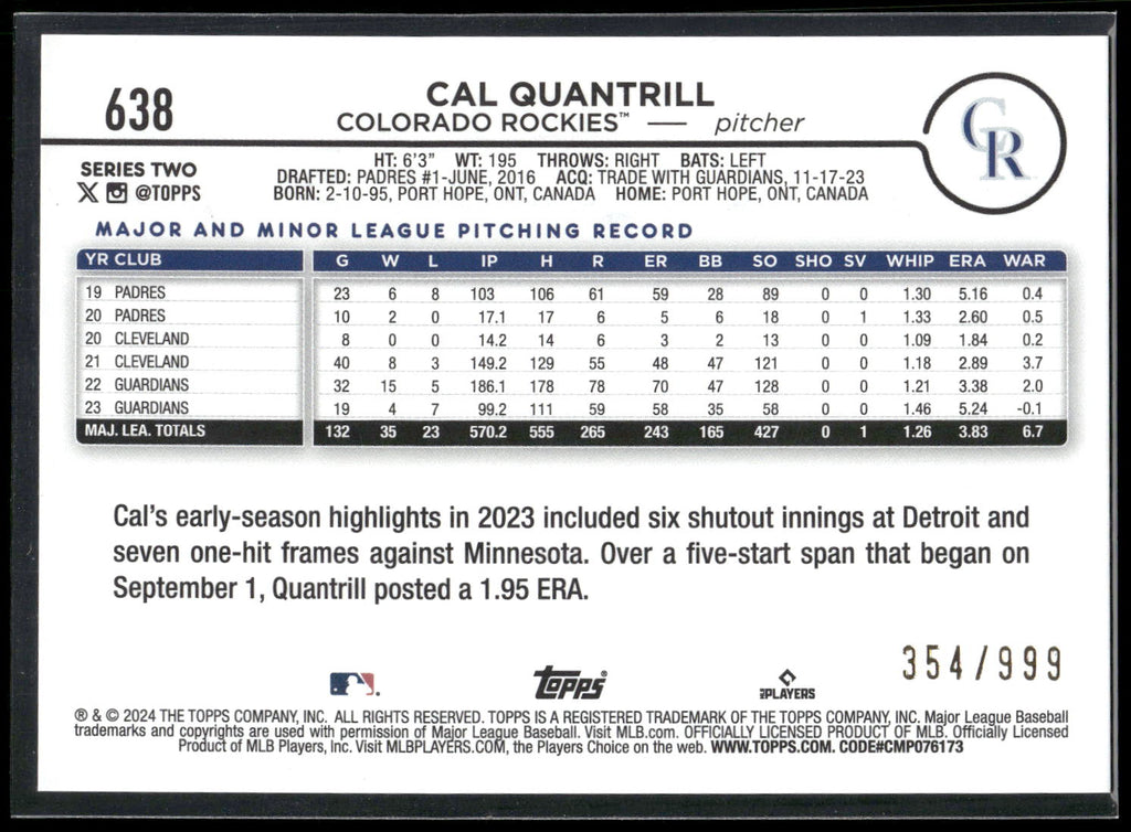2024 Topps #638 Cal Quantrill Blue Holofoil #/999