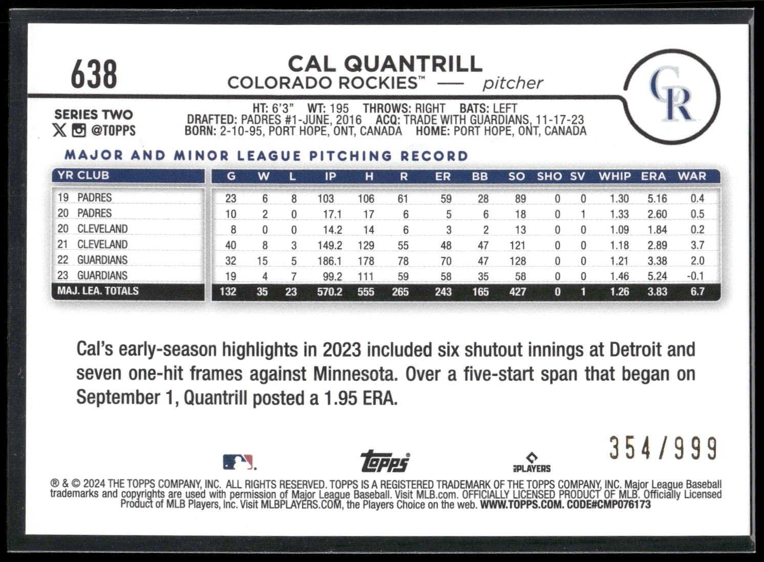 2024 Topps #638 Cal Quantrill Blue Holofoil #/999