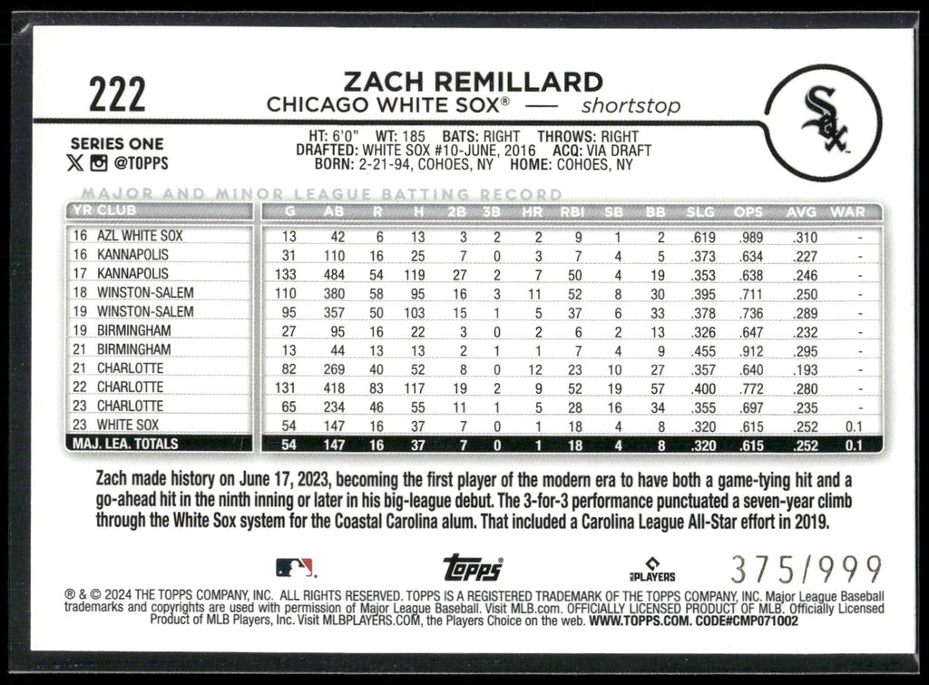 2024 Topps #222 Zach Remillard Blue Holofoil #/999
