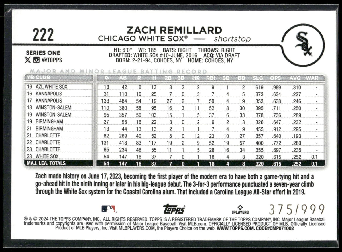 2024 Topps #222 Zach Remillard Blue Holofoil #/999