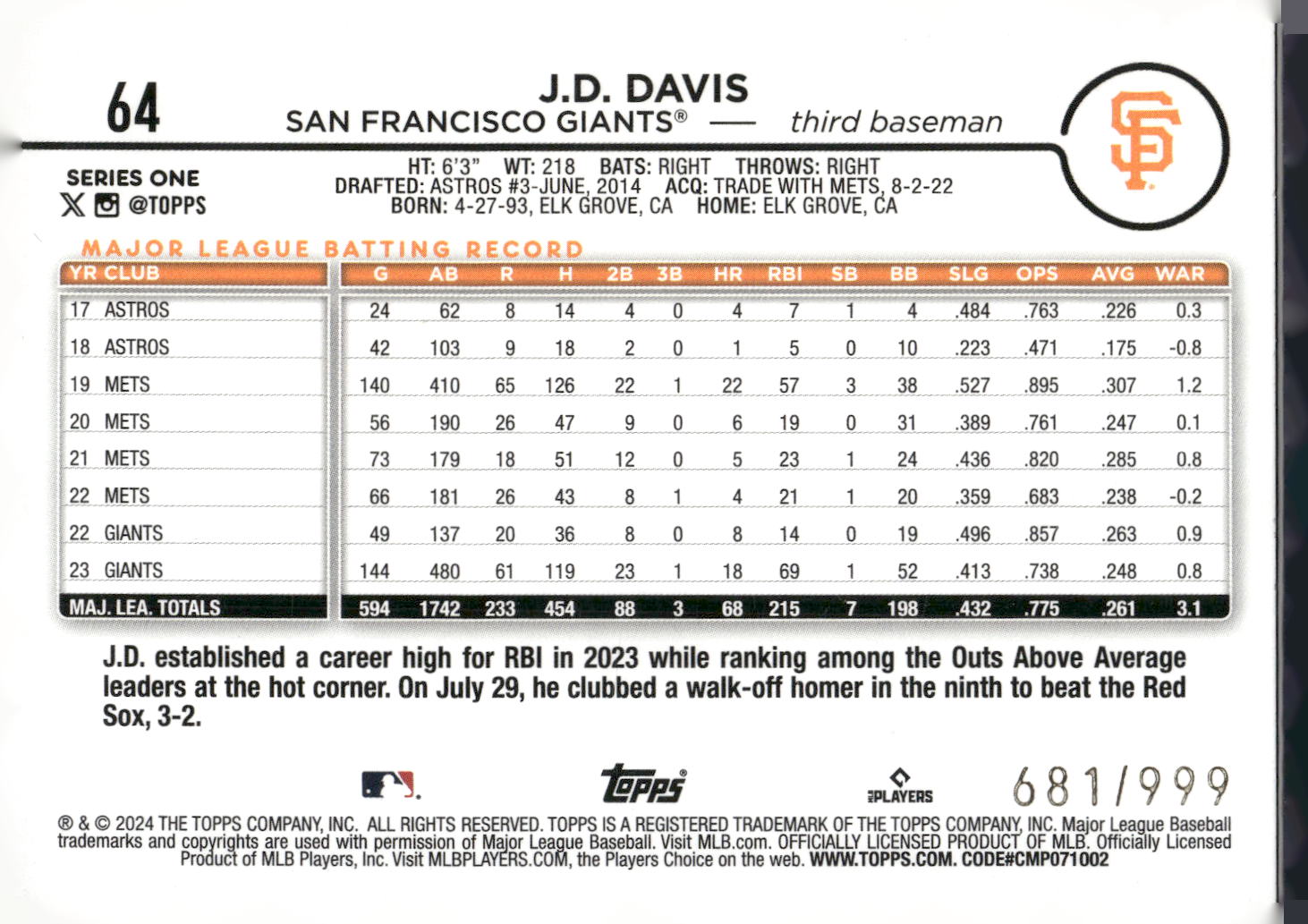 2024 Topps #64 J.D. Davis Blue Holofoil #/999