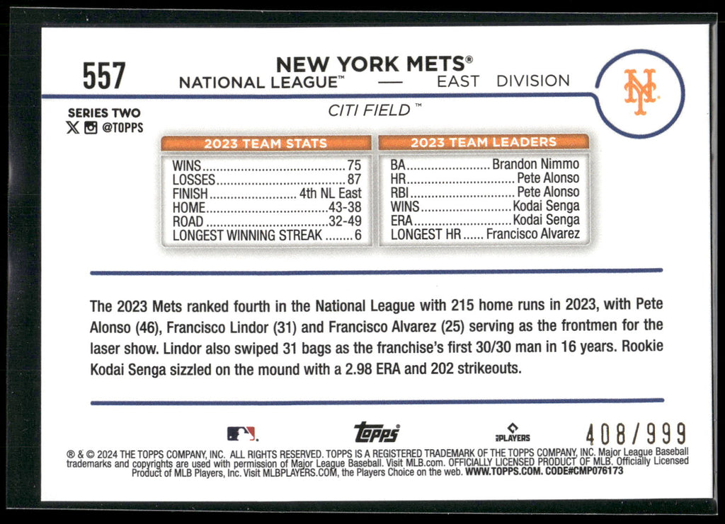 2024 Topps #557 New York Mets Blue Holofoil #/999