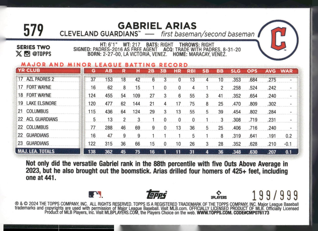 2024 Topps #579 Gabriel Arias Blue Holofoil #/999