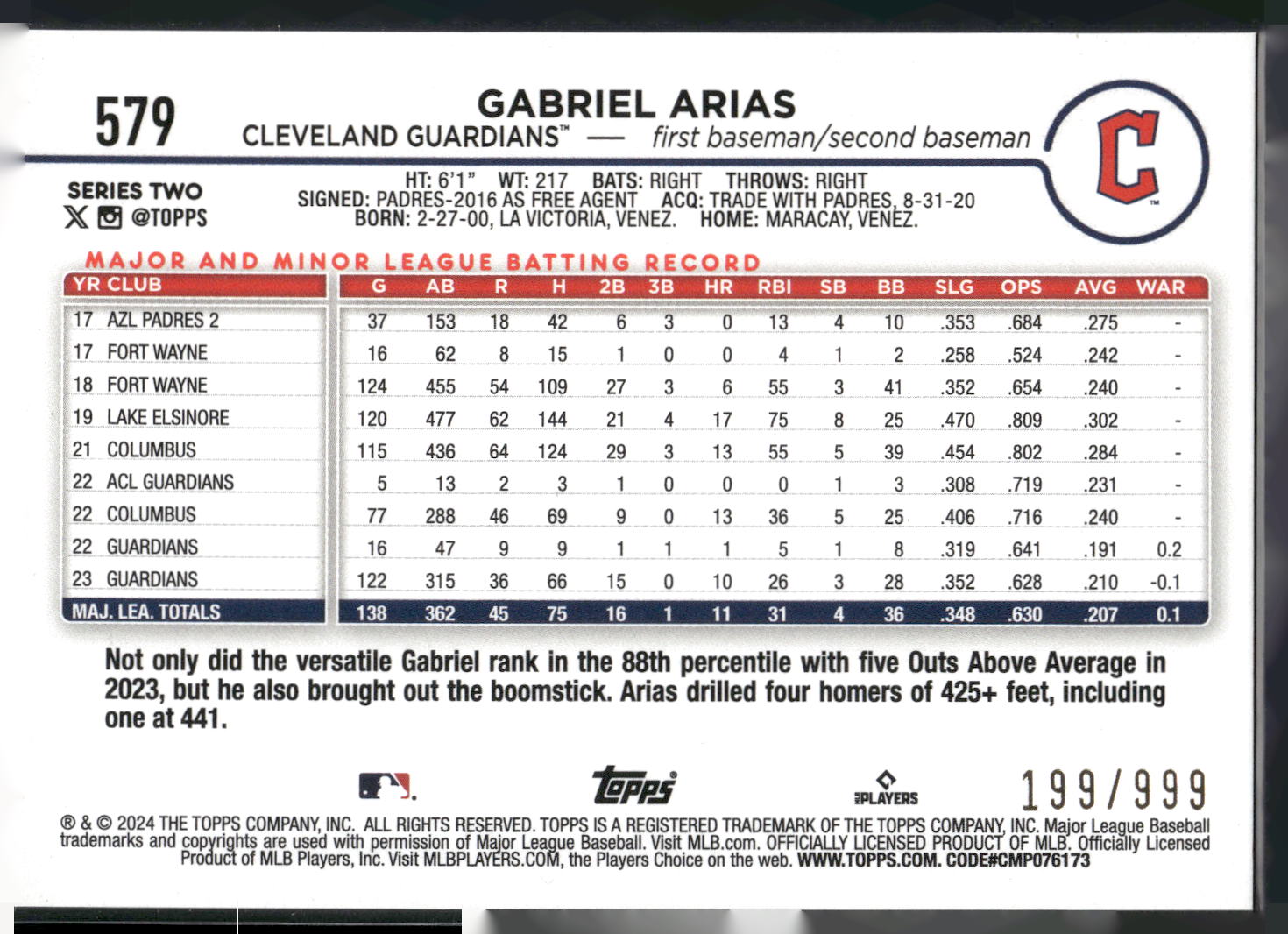 2024 Topps #579 Gabriel Arias Blue Holofoil #/999