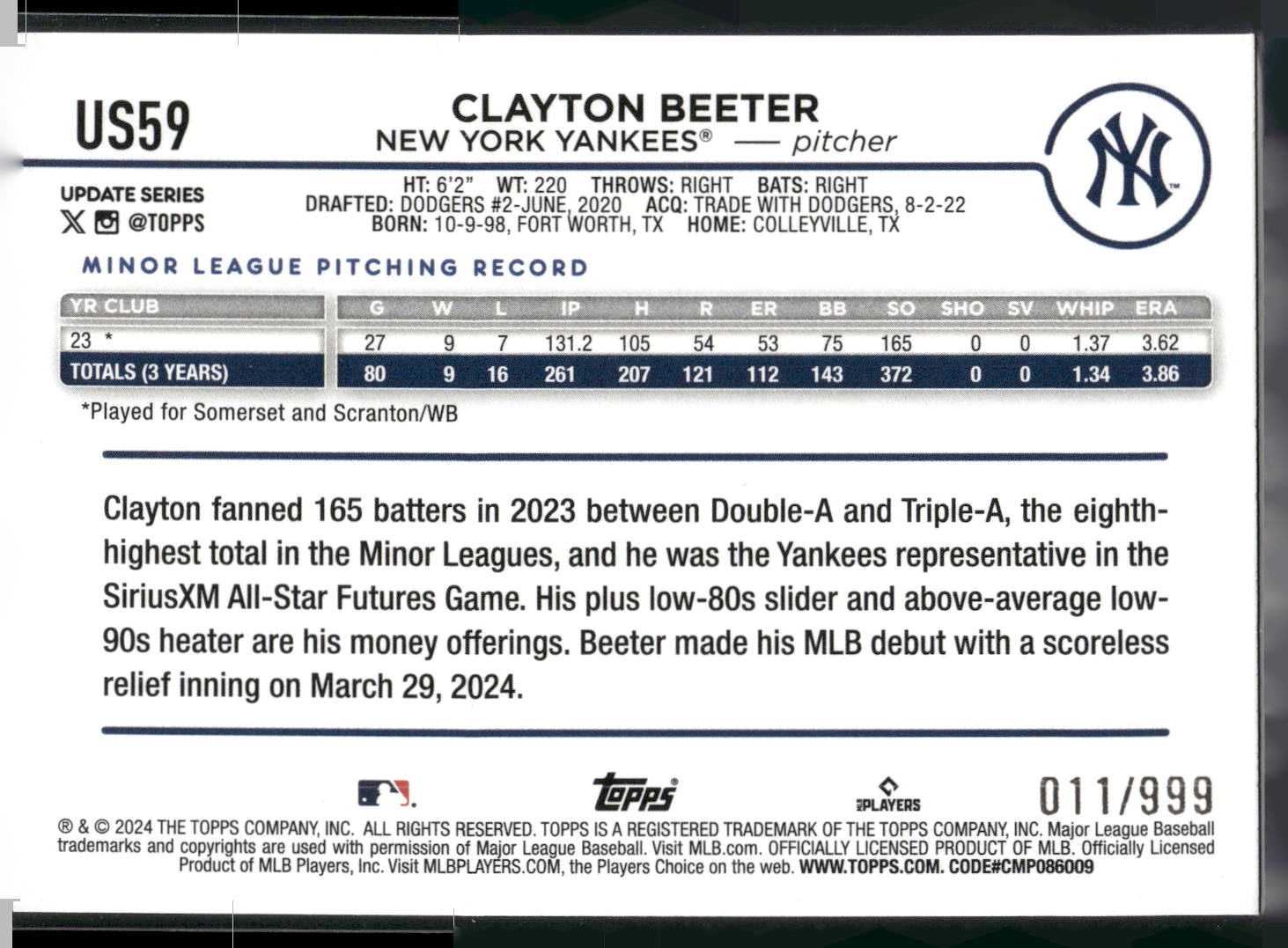 2024 Topps Update #US59 Clayton Beeter Blue Holofoil #/999