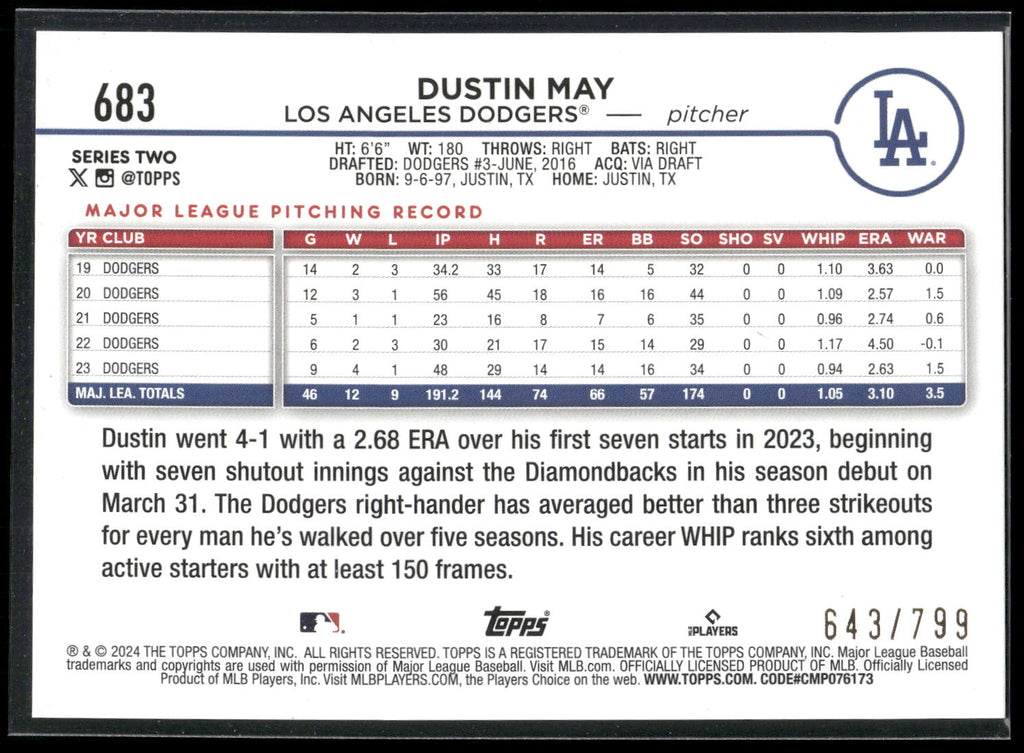 2024 Topps #683 Dustin May Purple Holofoil #/799