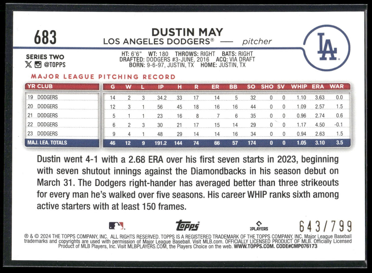 2024 Topps #683 Dustin May Purple Holofoil #/799