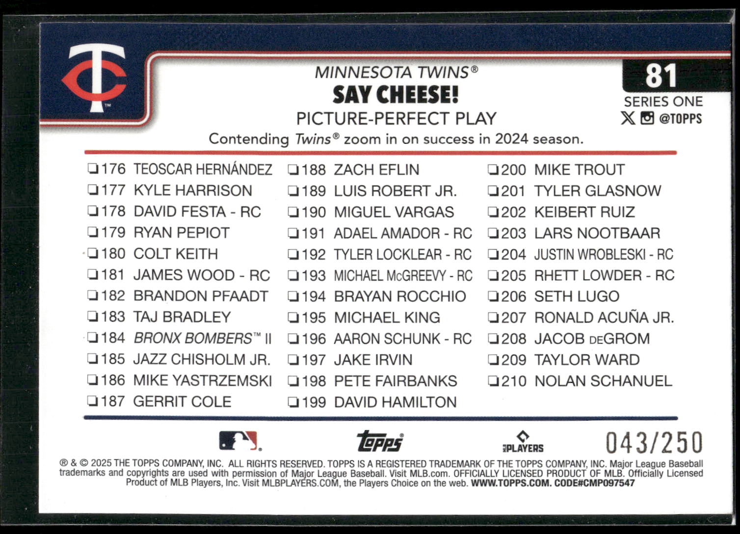 2025 Topps #81 Say Cheese! Picture-Perfect Play Purple Holo Foil #/250