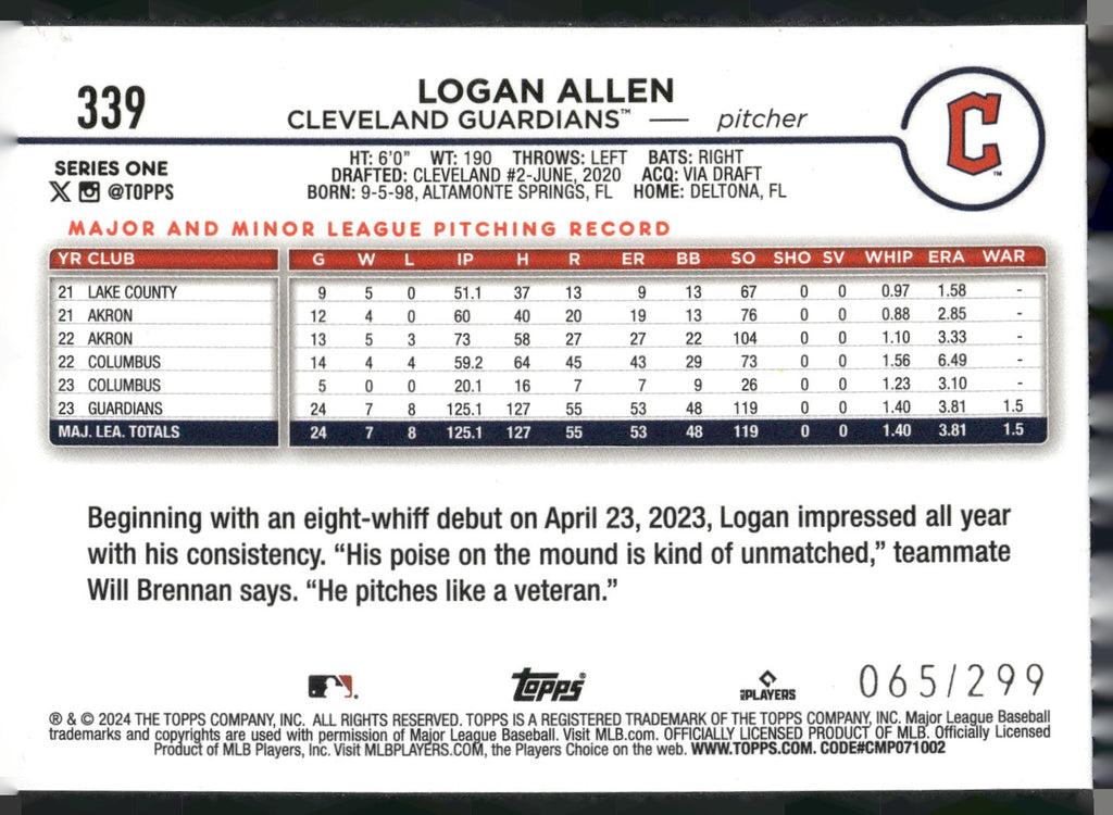 2024 Topps #339 Logan Allen Orange Crackle Foil #/299