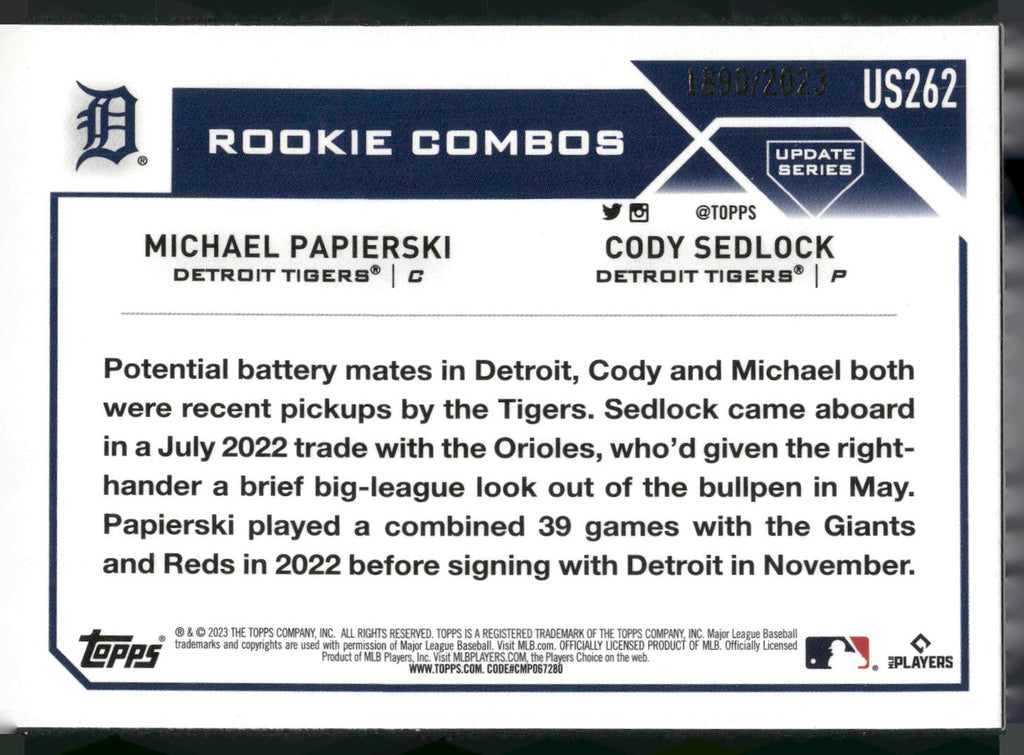 2023 Topps Update #US262 Michael Papierski / Cody Sedlock RCOM, Gold #/2023