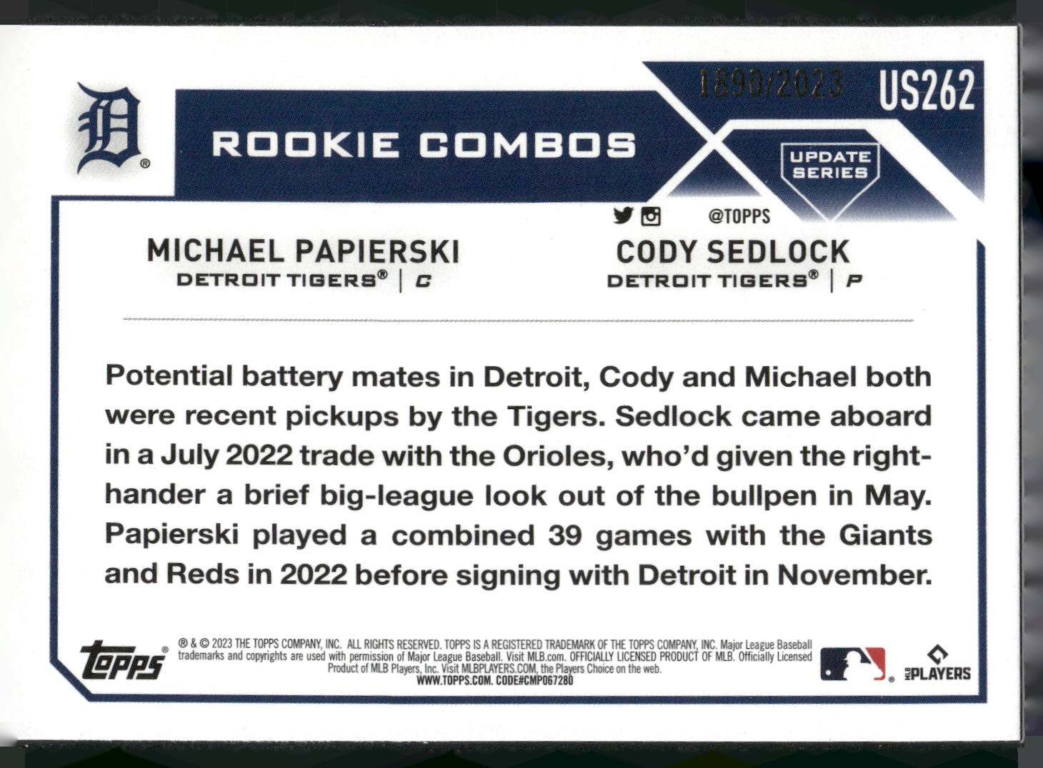 2023 Topps Update #US262 Michael Papierski / Cody Sedlock RCOM, Gold #/2023