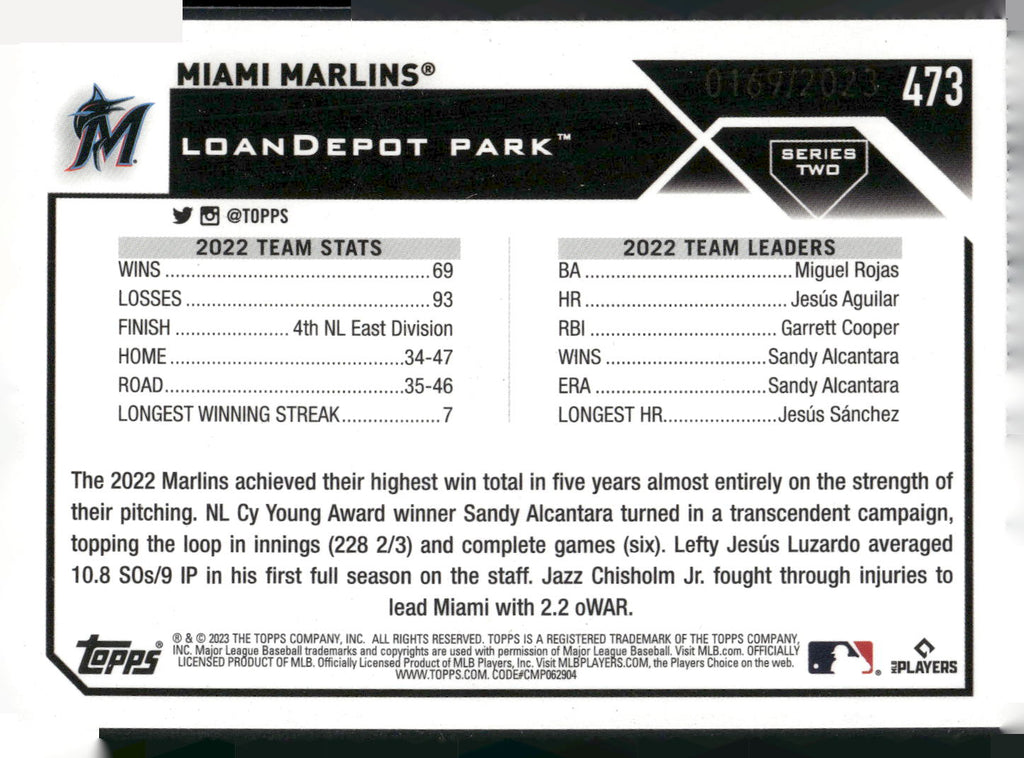 2023 Topps #473 Miami Marlins Gold #/2023