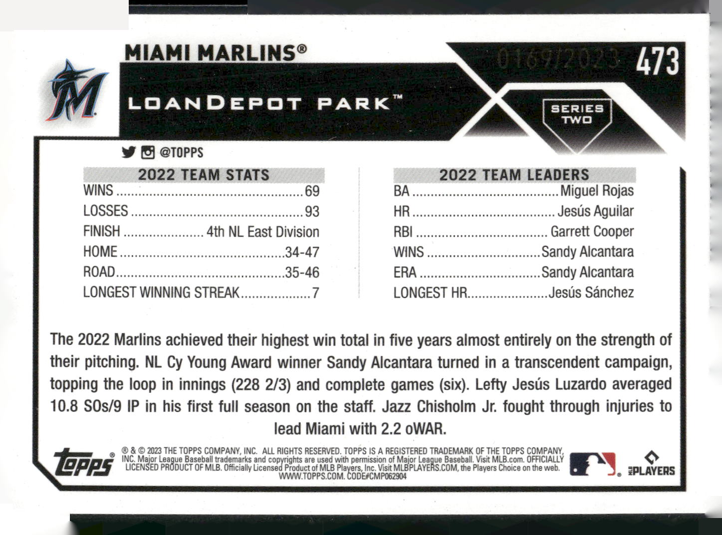 2023 Topps #473 Miami Marlins Gold #/2023
