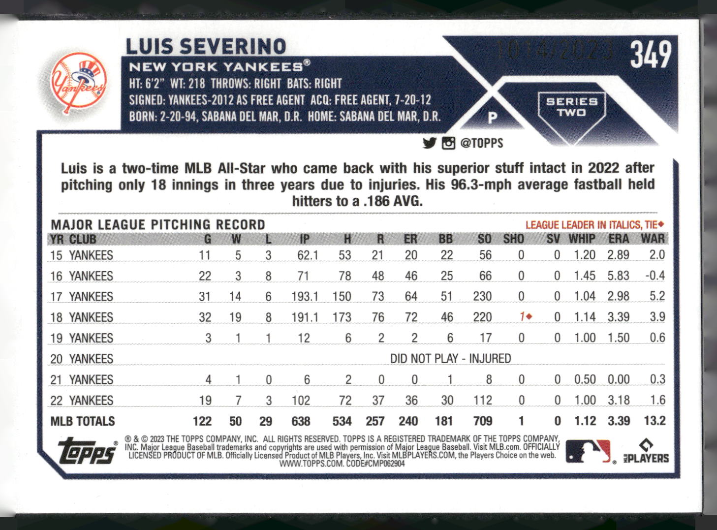 2023 Topps #349 Luis Severino Gold #/2023
