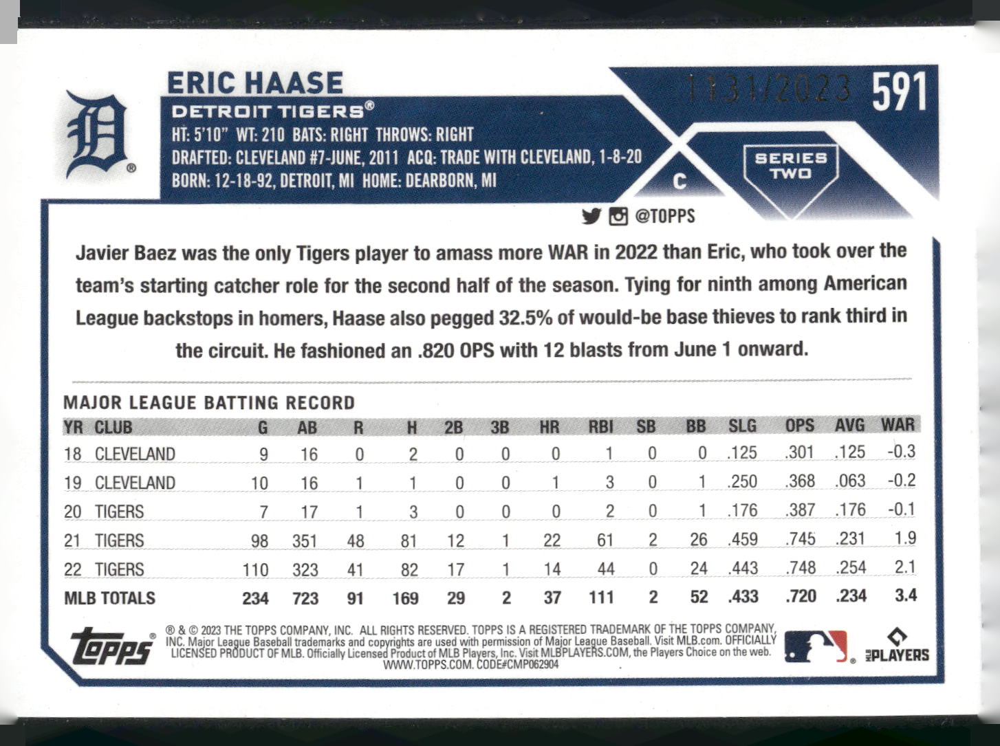 2023 Topps #591 Eric Haase Gold #/2023