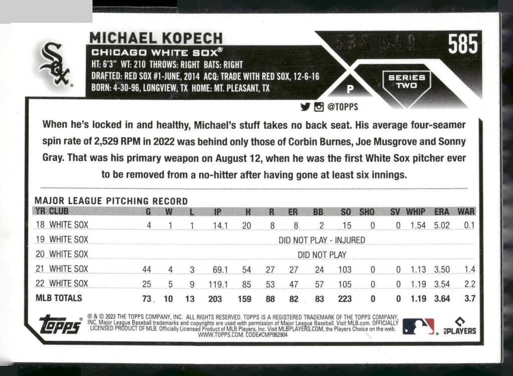 2023 Topps #585 Michael Kopech Blue Foilboard #/999