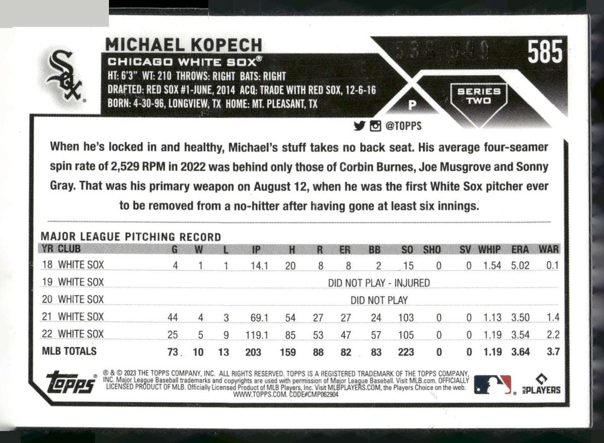 2023 Topps #585 Michael Kopech Blue Foilboard #/999