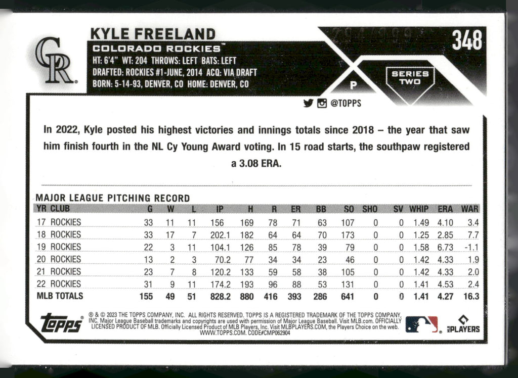 2023 Topps #348 Kyle Freeland Blue Foilboard #/999