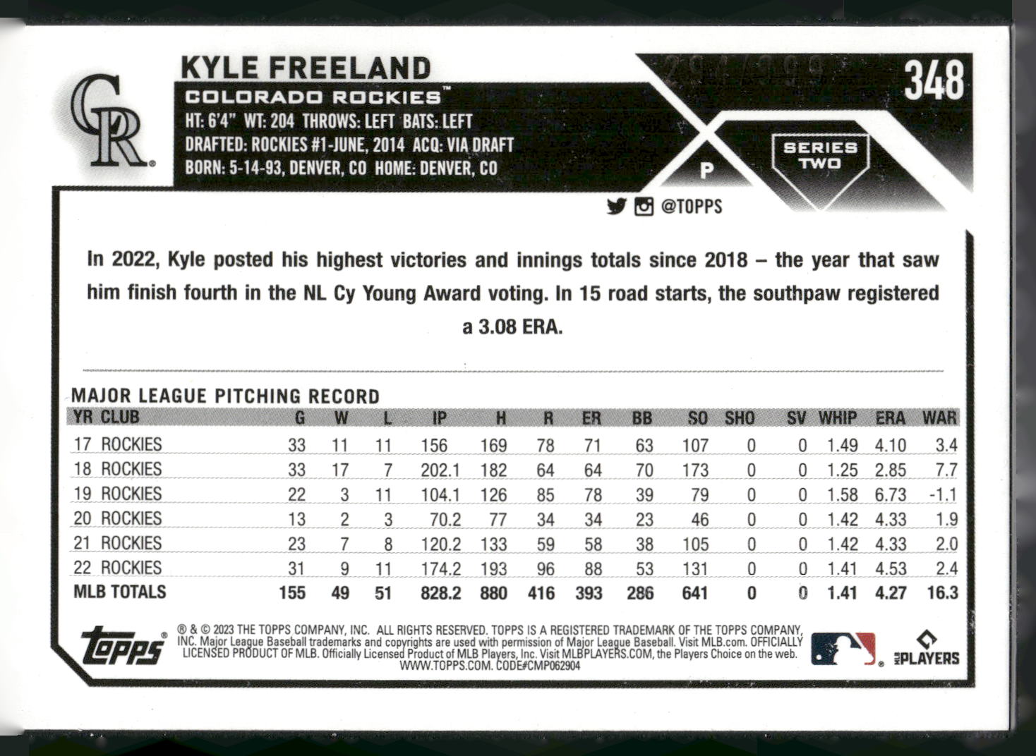 2023 Topps #348 Kyle Freeland Blue Foilboard #/999