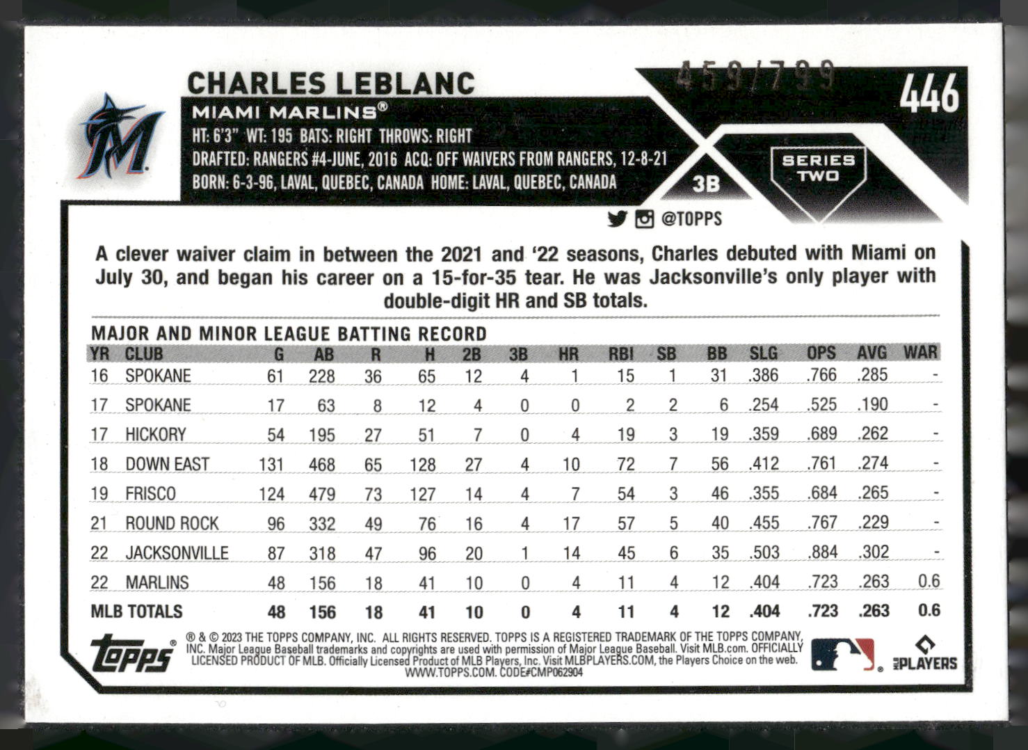 2023 Topps #446 Charles Leblanc Purple Foilboard #/799
