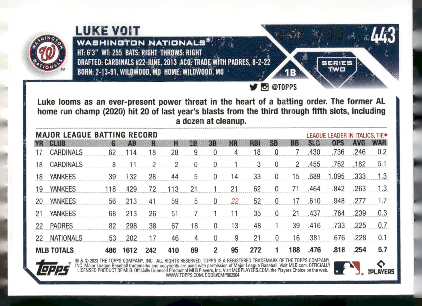 2023 Topps #443 Luke Voit Purple Foilboard #/799