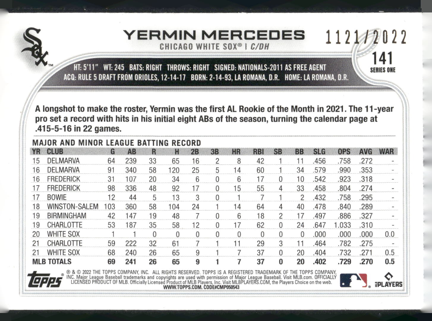 2022 Topps #141 Yermin Mercedes Gold #/2022