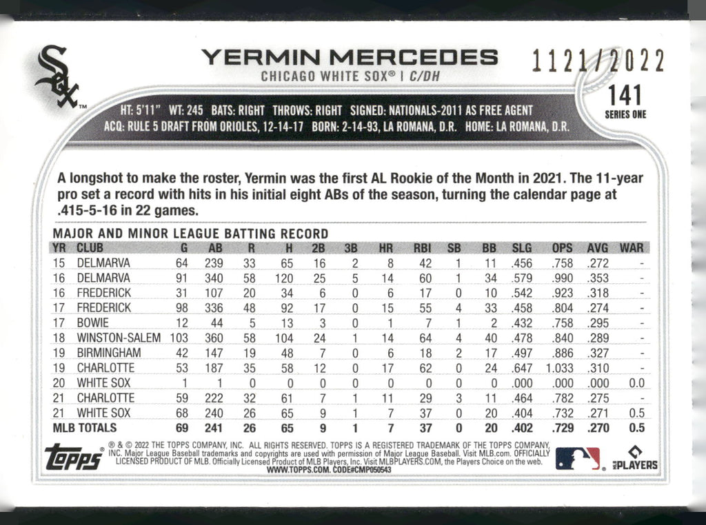 2022 Topps #141 Yermin Mercedes Gold #/2022