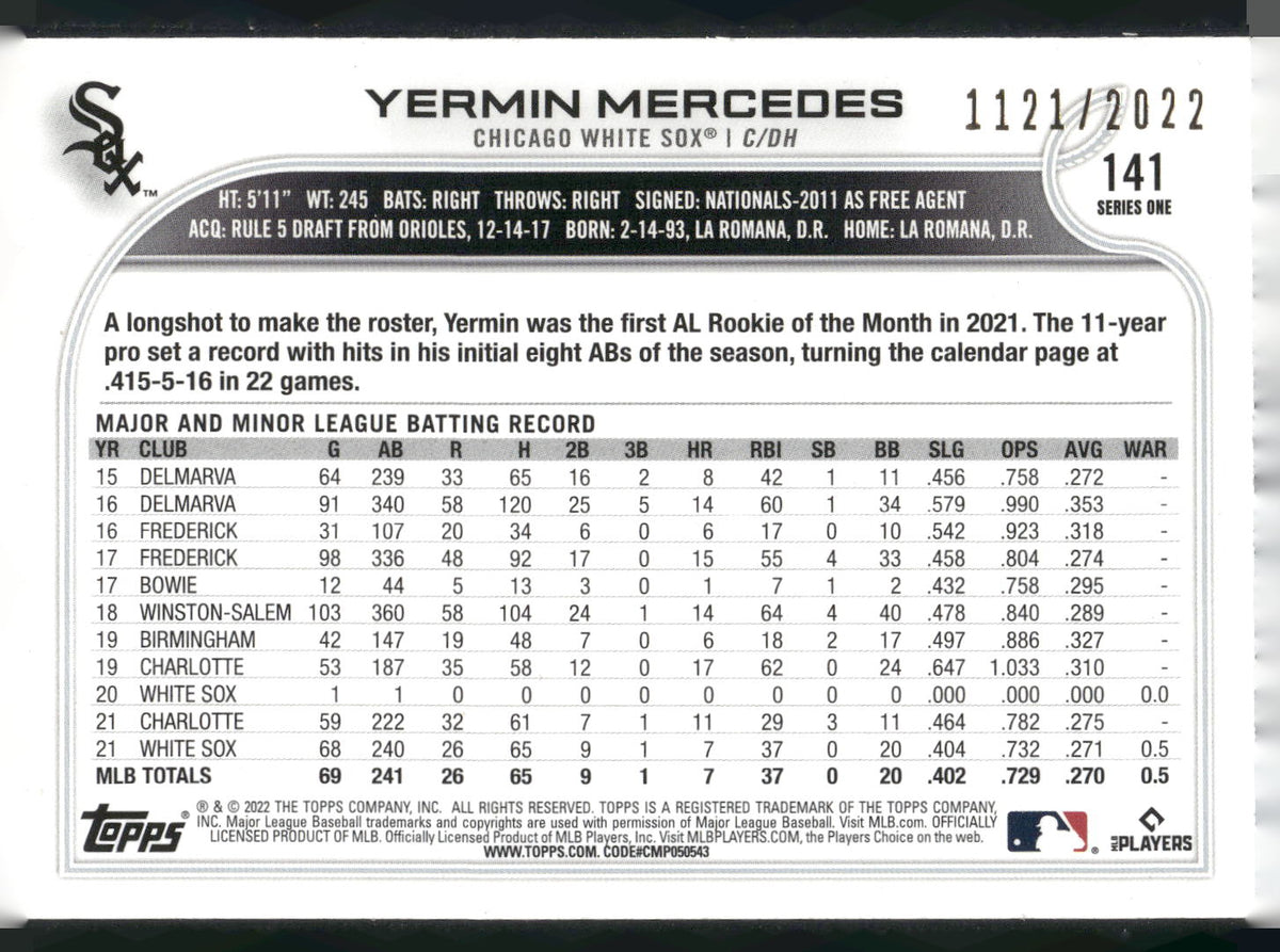 2022 Topps #141 Yermin Mercedes Gold #/2022