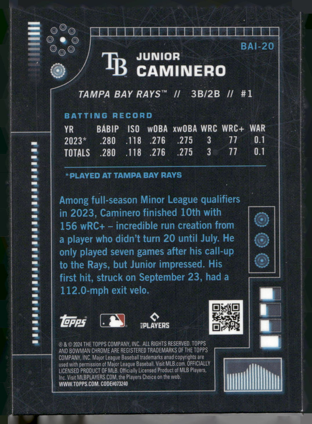 2024 Bowman #BAI-20 Junior Caminero Bowman A.I.