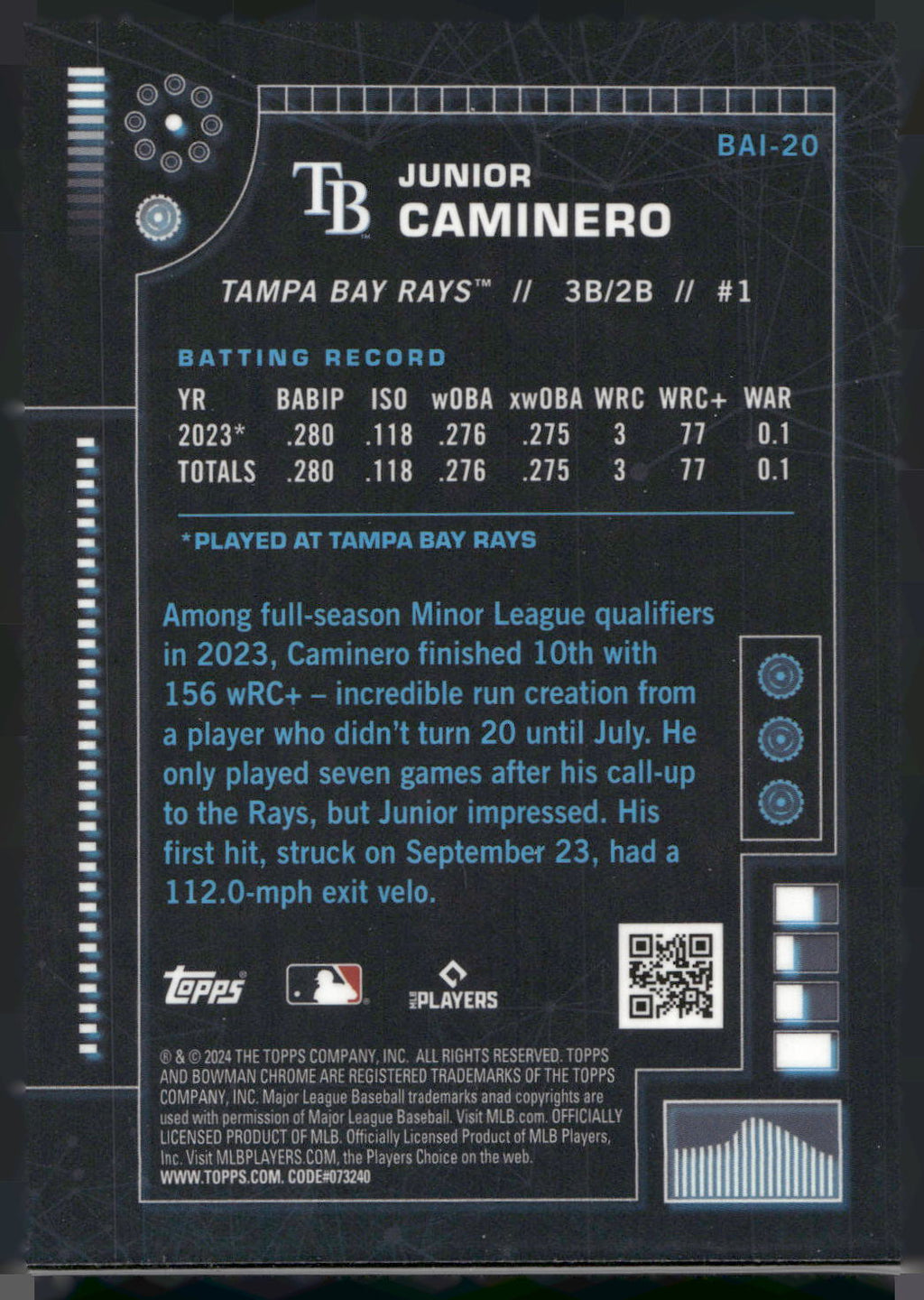 2024 Bowman #BAI-20 Junior Caminero Bowman A.I.