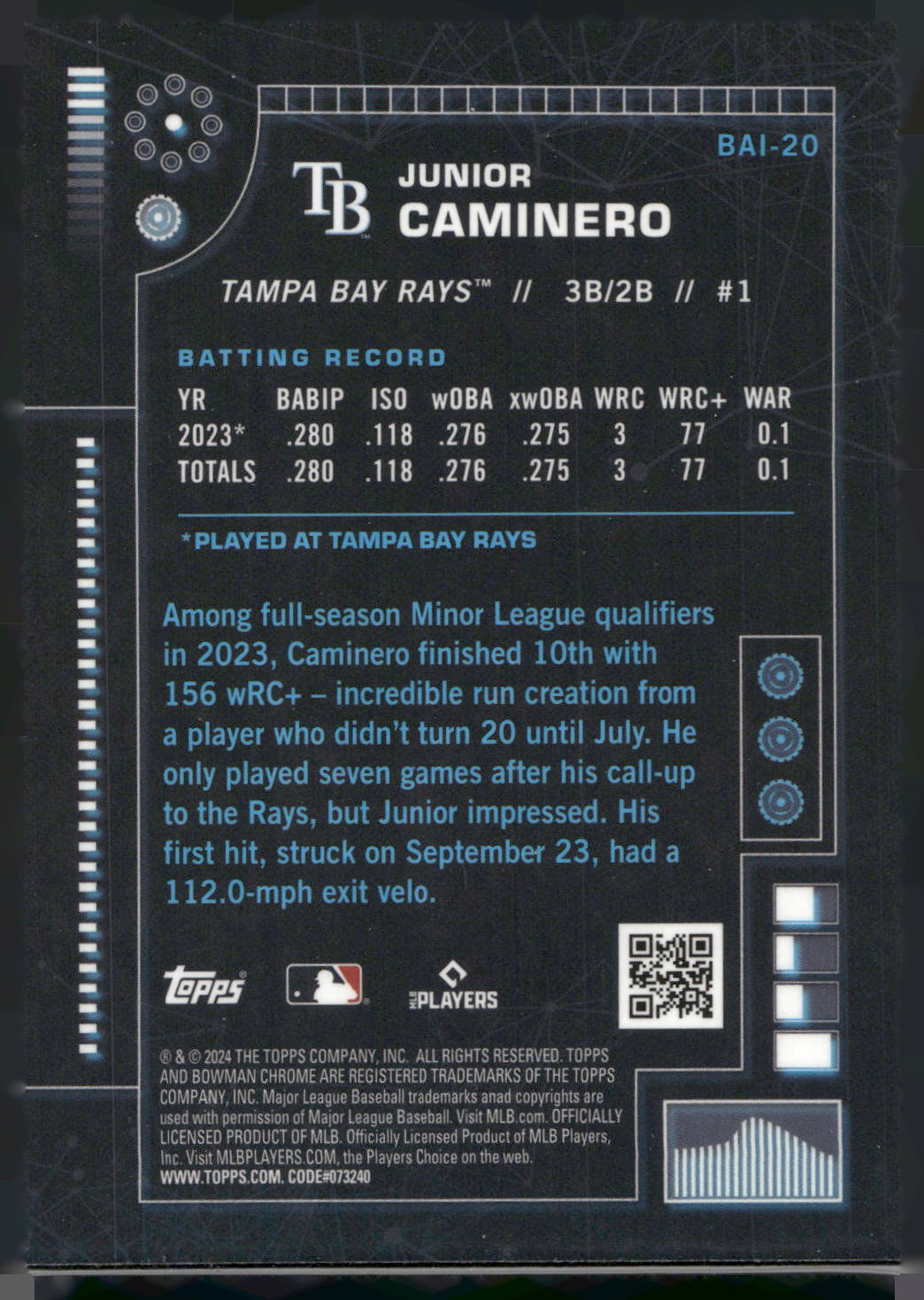 2024 Bowman #BAI-20 Junior Caminero Bowman A.I.