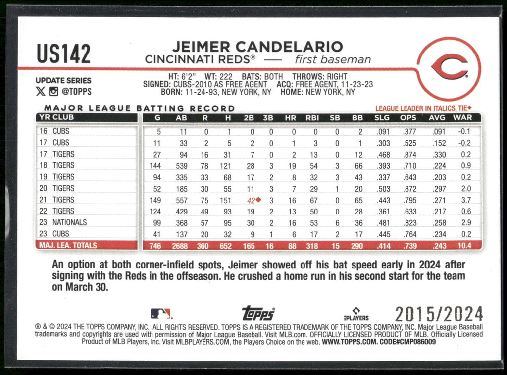 2024 Topps Update #US142 Jeimer Candelario Gold #/2024