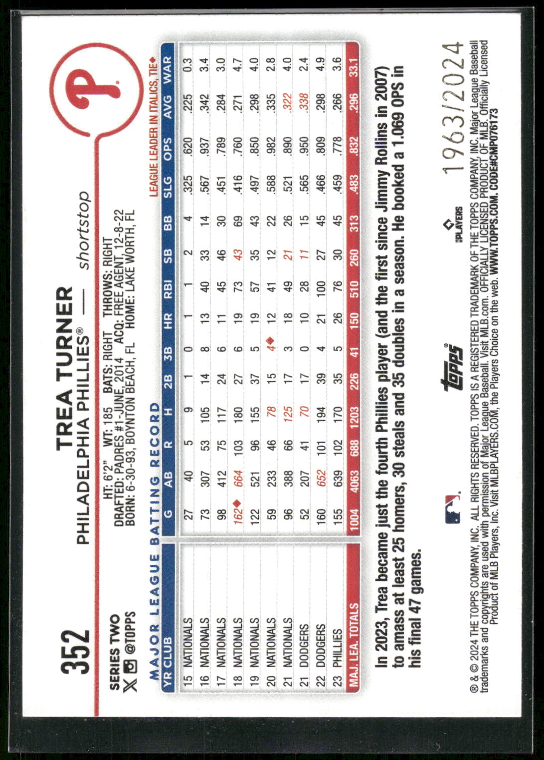 2024 Topps #352 Trea Turner Gold #/2024